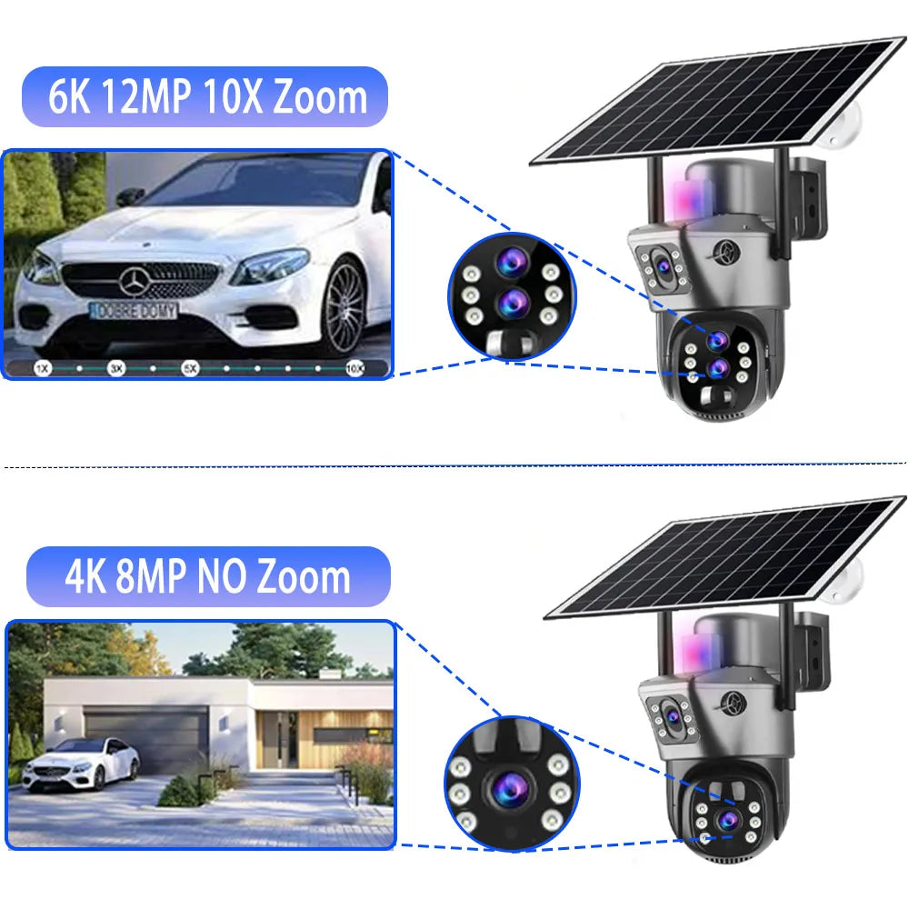 كاميرا الامان للممتلكات بدقة عالية 12MP وتكبير  10X ZOOM تحتوي بطاقة تخزين 128 جيجا ولا تحتاج اي تمديدات او مصدر طاقة